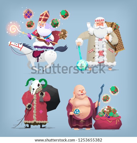 Traditional Christmas characters of different countries. Part 2. Vector illustrations with people bringing presents for winter holidays
