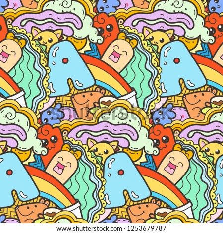 Funny doodle monsters on seamless pattern for prints, cards, designs and coloring books. Vector illustration