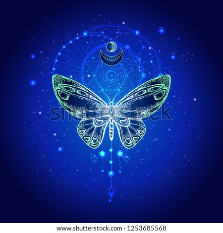 Vector illustration with hand drawn butterfly and Sacred geometric symbol against night starry sky. Abstract mystic sign. Linear shape. For you design or magic craft.