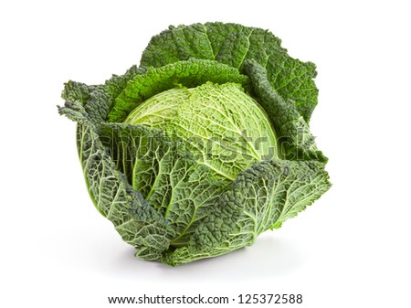 Whole head of savoy cabbage over white background Royalty-Free Stock Photo #125372588