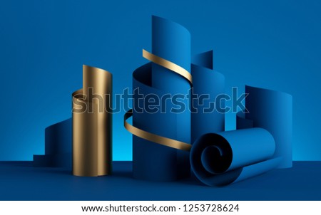 3d render, paper ribbon rolls, abstract shapes, blue fashion background, gold foil, swirl, scroll, curl, spiral, cylinder