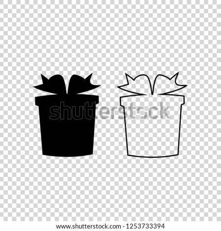 Vector set of black outline and flat silhouettes of wrapped presents on transparent background. Christmas, new year, birthday present icon, sign, symbol, clip art. Giftboxes isolated buttons, elements