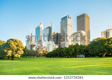 Sydney city high rise buildings and botanic gardens. Royalty-Free Stock Photo #1253734381