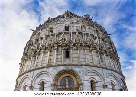 Dome Baptistery of Saint John Piazza del Miracoli Cathedral Pisa Tuscany Italy. Completed in 1363. Next to Leaning Towerr of Pisa.
