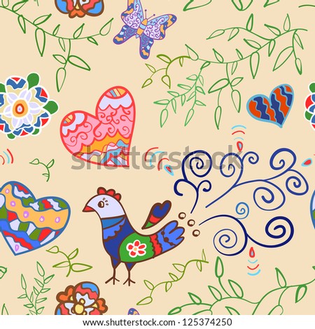 Floral seamless pattern with flowers, bird, hearts and butterfly. Vector illustration for your lovely design. Seamless endless funny spring texture for textile. Colorful.