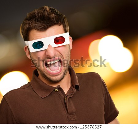 Scared Man Wearing 3d Glasses, Outdoors