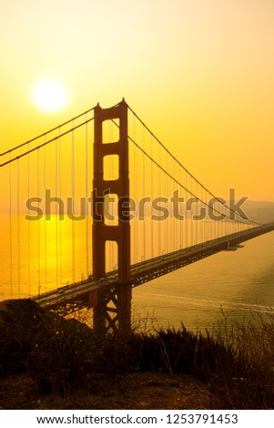 Wildfire smoke covers downtown San Francisco and Golden Gate Bridge, California-USA