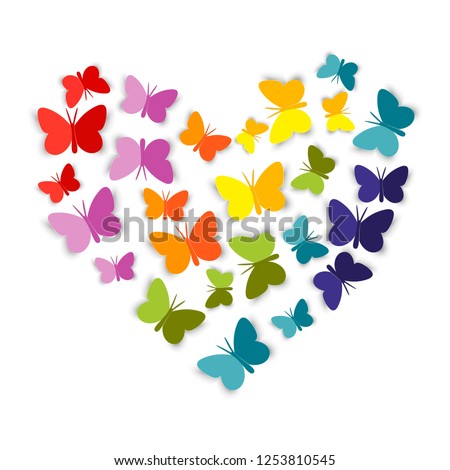 Heart from bright colorful paper Butterfly. The butterflies cut out of paper are folded in the shape of a heart. Paper cut style. Vector illustration isolated on white background.