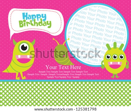 fun monsters happy birthday card. vector illustration