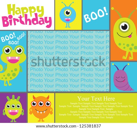 fun monsters happy birthday card. vector illustration