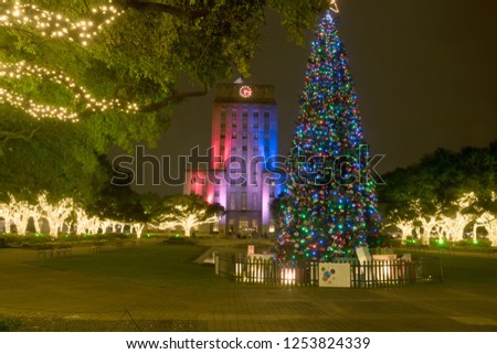 Houston City Hall and christmas tree.  Christmas decoration. Downtown Houston,  Center, Texas, USA