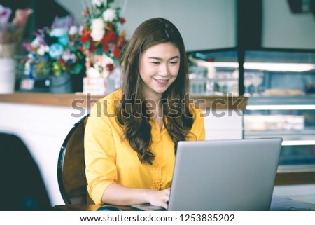 Beautiful Attractive Asian woman working with computer laptop and thinking to get ideas and requirement in Business startup feeling so happiness,Business Startup Concept