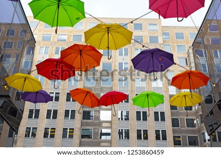 Colorful umbrellas flying between two buildings in Washington DC downtown, USA. Cozy friendly atmosphere on the street with shops and restaurants in US capital.