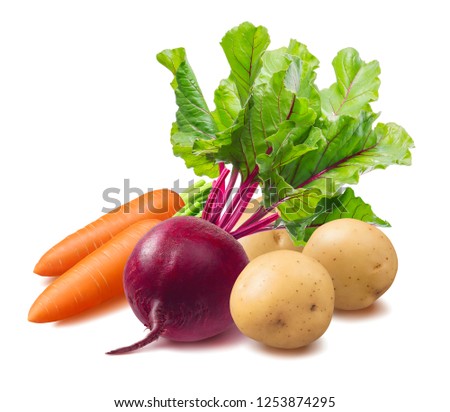 Beetroot, potato and carrot isolated on white background. Vinegret ingredients. Package design element with clipping path. Royalty-Free Stock Photo #1253874295