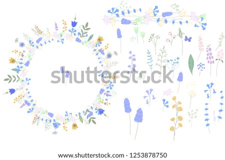 Wild blue floral elements for your design. Stylized cute herbs, leaves and flowers