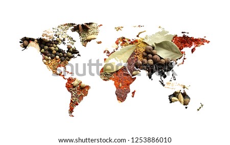 World map of different aromatic spices on white background. Creative collection