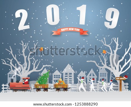 Abstract background Merry Christmas and Happy new year with with Santa Claus driving Vintage Transportation Train carry Christmas tree and gift box and Children are running after in winter season