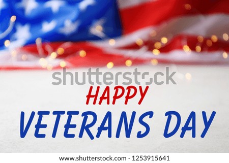 Text HAPPY VETERANS DAY and fairy lights with USA flag on background