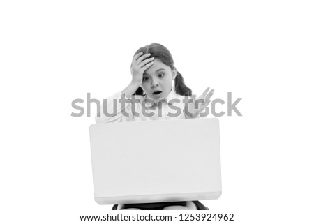To much to learn. Child school uniform smart kid confused face. School education with laptop. Girl cute over studied isolated white background. Child girl school uniform clothes looks at laptop.