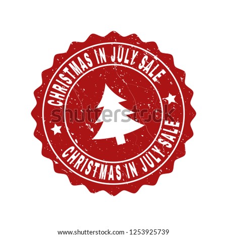 Grunge round Christmas in July Sale stamp seal with fir-tree. Vector Christmas in July Sale rubber seal imitation for New Year and Christmas purposes. Red colored rosette with grunge texture.