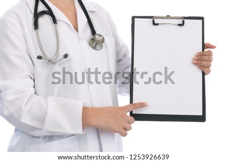 Doctor showing blank clipboard Isolated on white 