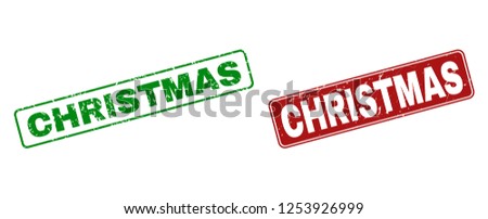 Grunge Christmas stamp seals. Vector Christmas rubber seal imitation in red and green colors. Text is placed inside rounded rectangle frames with grunge style.