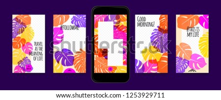 Stories Template Design. Tropic Leaves Background. Photo Frame Summer Concept for Social Media Stories. Mobile Screen Wallpaper. Exotic Leaf, Philodendron Pattern. Floral Template for Photo in Story.