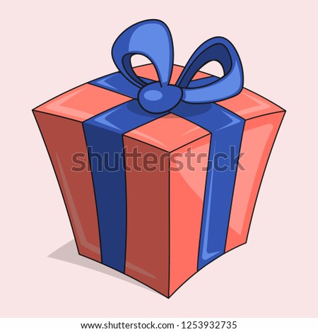 Orange Gift Box with Blue Ribbon in Cartoon Drawing Style. Present for Christmas, New Year, Birthday or Special Gift. illustration vector with living coral color of 2019.