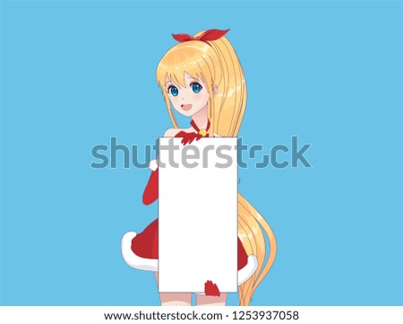 Japanese Asian woman holding white big sign board. Isolated portrait. Cartoon anime manga schoolgirl character. White paper mockup