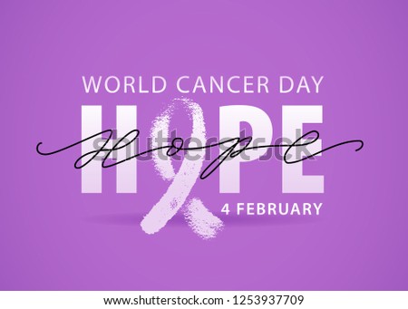 World cancer day 4 february. Violet background. White Hope word with ribbon symbol. Vector illustration text concept for world cancer day. Typography design for poster banner and post on social media.