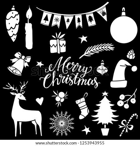 Christmas, New Year design elements. Hand drawn isolated on black background set. Handwritten font