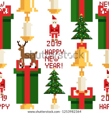 Christmas pixel seamless pattern. Arcade games New year and Xmas decoration elements. Trees snowman candles santa, gifts and wteath. 80s 90s style