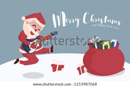 Vector illustration of happy Santa Claus playing electric guitar.