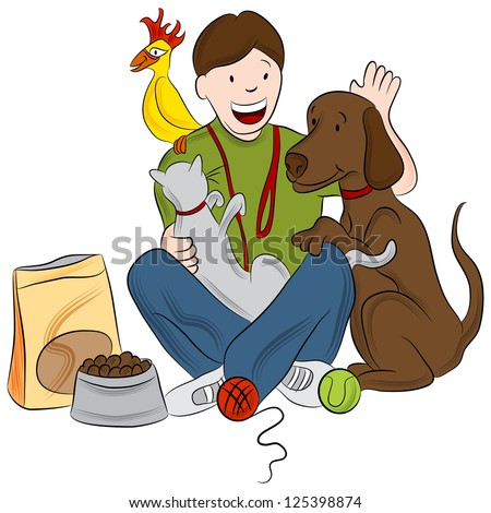 An image of a pet sitter playing with a cat, bird and dog.