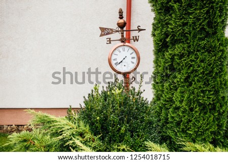 Vintage alarm Clock outdoors. Clock in green park