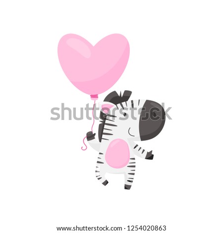 Smiling zebra with pink heart-shaped balloon. Cartoon character of wild animal. Love theme.Flat vector design