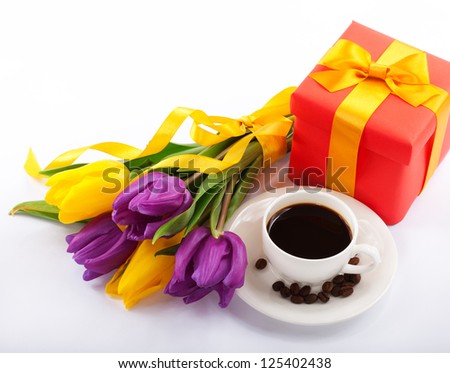 Flowers and red gift box.