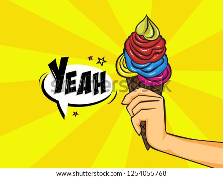 Hand hold ice cream in a pop art style. Vintage cold dessert in a cone. Sweet food. Vector flat illustration
