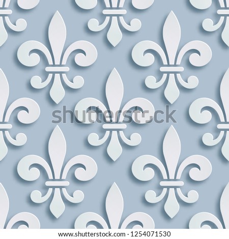 Fleur-de-lis seamless background. Symbol of French heraldry. Paper style illustration. Vector geometric bas-relief, elegant decoration, stone ornament. Element for greeting cards, invitation template