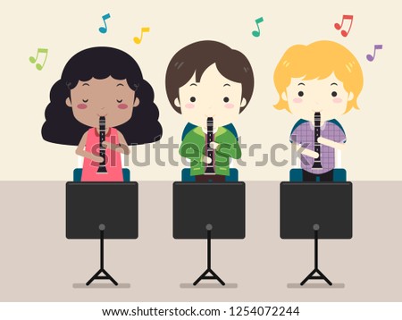 Illustration of Kids Playing the Clarinet Looking at Music Sheet in a Music Class
