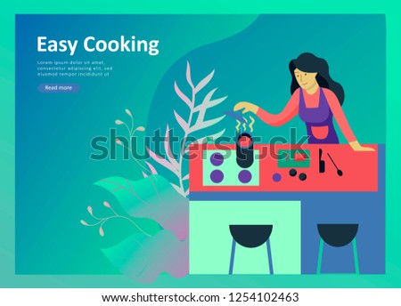 Landing page templates with people who prepare healthy organic food, simple recipes, how to choose products in the supermarket, food delivery and fast food. Culinary blog or diet concept