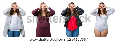 Collage of beautiful plus size woman over isolated background doing ok gesture like binoculars sticking tongue out, eyes looking through fingers. Crazy expression.