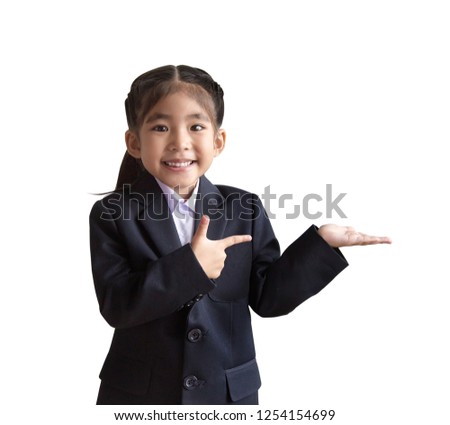 asian kids model with business uniform in portrait model. Point and recomend angry action.Target group of marketing persona new generation with business suite costume.(include clipping path)