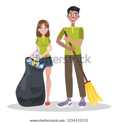 Group of volunteer collect garbage and rubbish. People care about nature and ecology. Isolated flat vector illustration