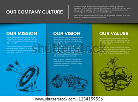 Company profile template - corporation main information presentation with mission, vision and values statement Royalty-Free Stock Photo #1254159556