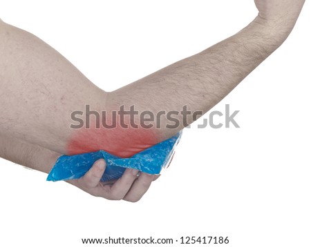 Cool gel pack on a swollen hurting elbow. Medical concept photo. Isolation on a white background. Color Enhanced skin with read spot indicating location of the pain.