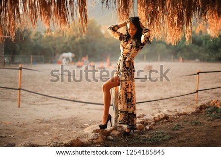 beautiful slender brunette stands on the background of the stable. young girl in a beautiful dress