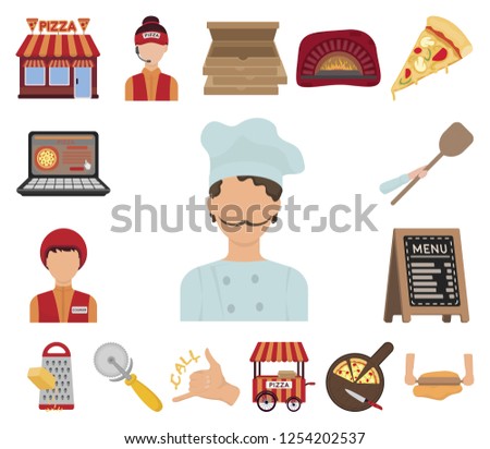 Pizza and pizzeria cartoon icons in set collection for design. Staff and equipment vector symbol stock web illustration.