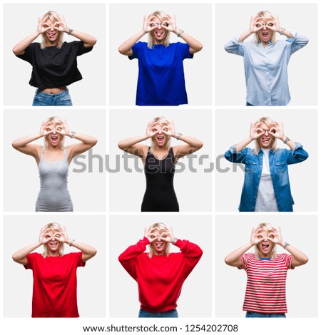 Collage of beautiful blonde woman wearing differents casual looks over isolated background doing ok gesture like binoculars sticking tongue out, eyes looking through fingers. Crazy expression.