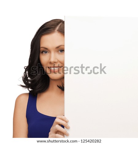 picture of lovely woman in blue dress with blank board